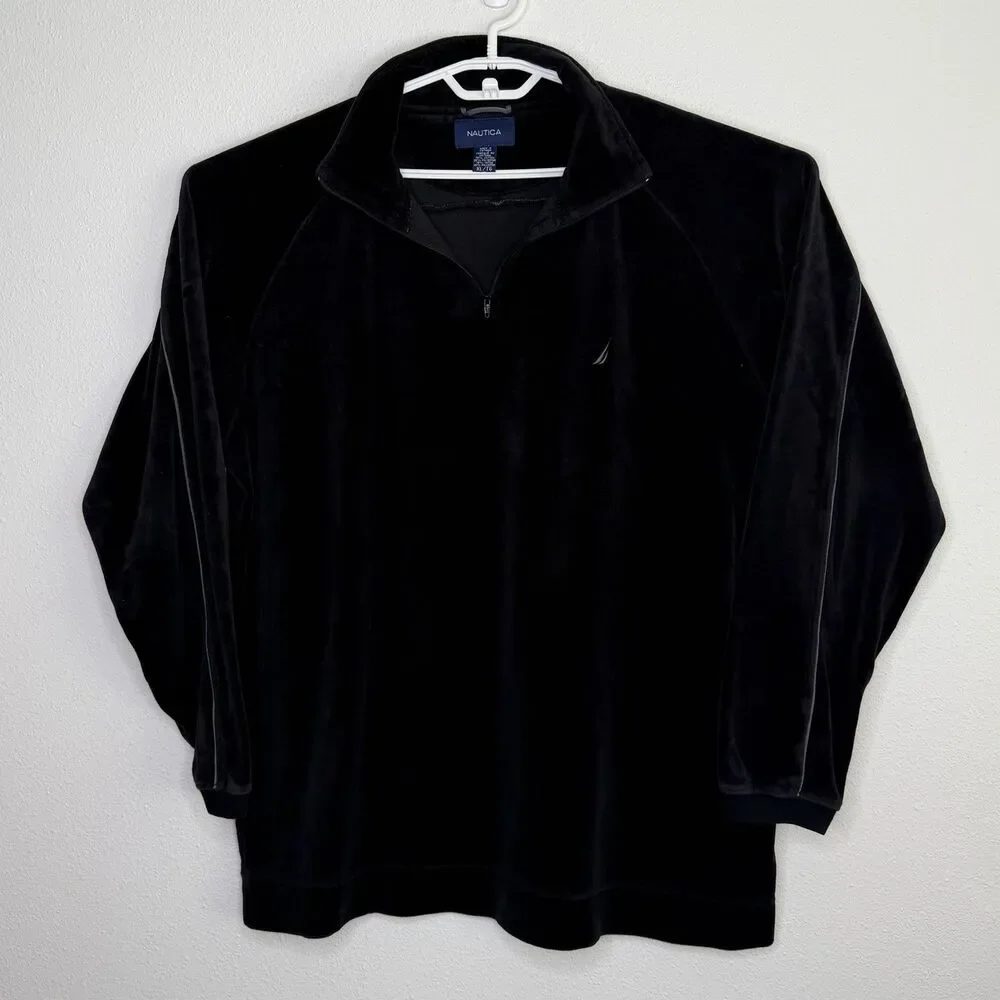 Vintage Nautica Velour Fleece Quarter Zip Pullover Black Men’s XL Sweater